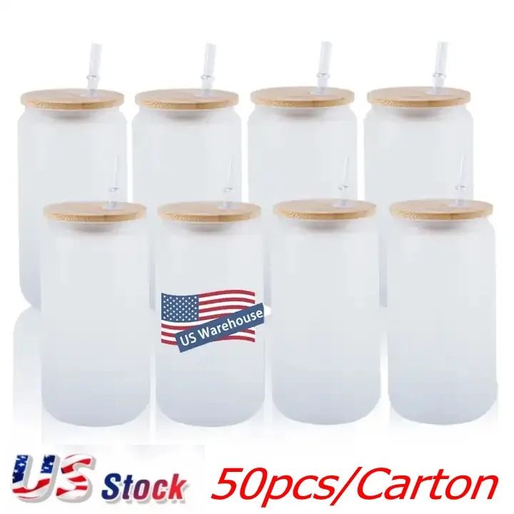 US STOCK 16oz Sublimation Glass Beer Mugs with Bamboo Lid Straw Tumblers DIY Blanks Frosted Clear Can Cups Heat Transfer Cocktail Iced Coffee Whiskey bb0209