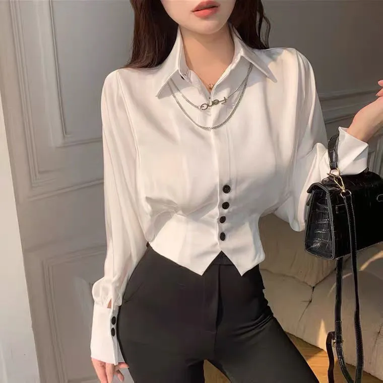 Blouses voor dames shirts vintage elegante knop massief chiffon shirt lente herfst polo-neck lange batwing puff puff mouw slanke blouse dames kleding 230209