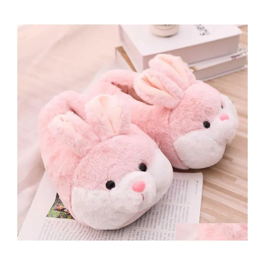 Chaussures ￠ la maison Maison des femmes duveteuses pantoufles mignonnes dessin anim￩ rose lapin filles glisses de fourrure de chambre ￠ coucher