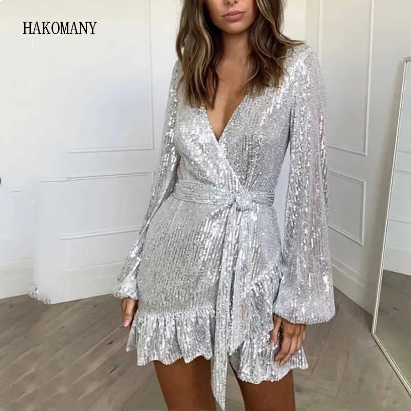 Autumn Ruffles Silver Sequins Wrap Dress Lacing up Waist Split Slim Fit Women Long sleeve Tea Dresses