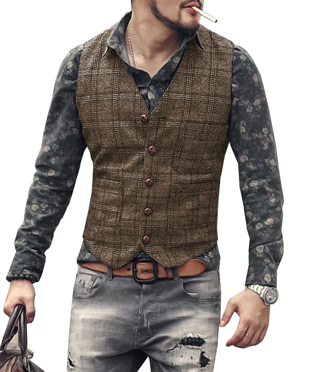 Herren Westen Anzug Männer Braun Schwarz Weste Weste Mann Plaid Steampunk Jacke Gestreift Tweed V hals Slim Fit Gilet Hochzeit_voghion.com