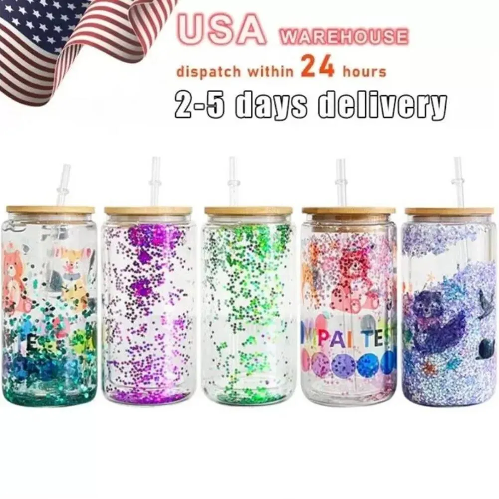 US warehouse Water Bottles Double wall Sublimation 16oz glass Tumbler Cups can glasses with bamboo lid reusable straw Mug beer Transparent Soda Can GJ02