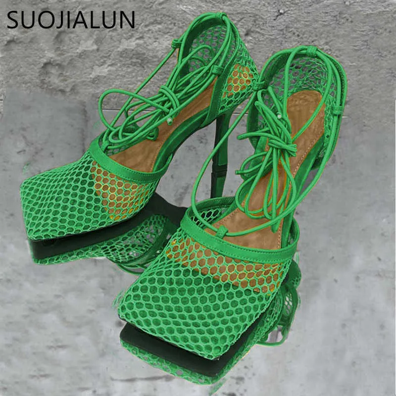 Bombas da marca sandálias suojialun malha feminina green sapatos novos damas finas rendas de salto alto up vestido de malha cruzada roma sandal grande tamanho 42 t230208 62