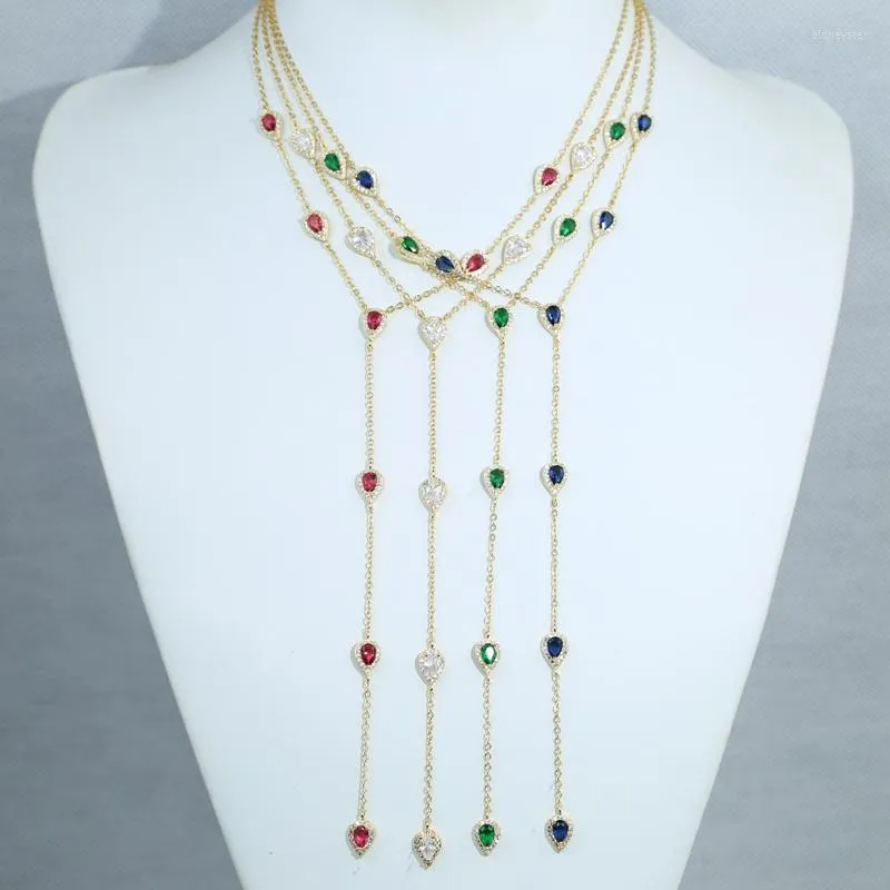 Catene 2023 Donne sexy Y Lariat Collana placcata oro Verde Blu Rosso Bianco Tear Drop CZ Gioielli colorati geometrici