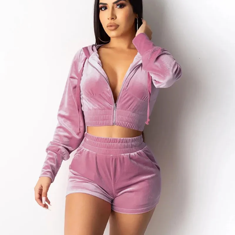 Fatos de treino femininos de veludo Conjunto de duas peças com zíper Jaqueta com capuz Crop Top com shorts Suit Juicy Coutour Velvet Sets Outfits 230209