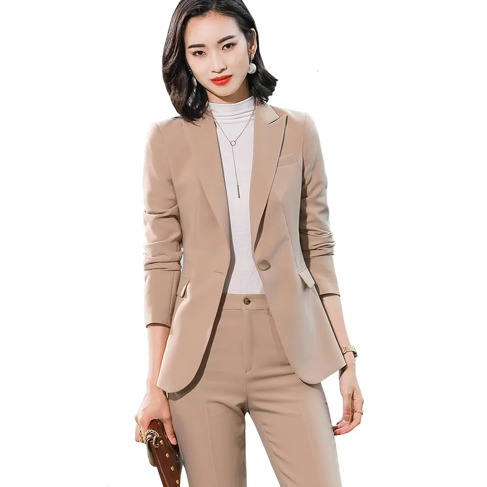 Womens Two Piece Pants Beige Pink Khaki Apricot Coffee Black Blue S5XL 2 Set Women Pant Suit Office Lady OL Girl Jacket Blazer And Trousers 230209