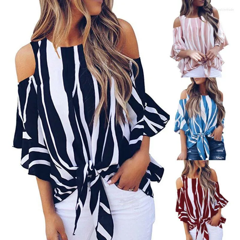 Blouses Femmes 2023 Femmes Sexy Hors Épaule Élégant Volants Demi Manches Bowknot Blouse Mode D'été Plus Taille Chemise Rayée Tops