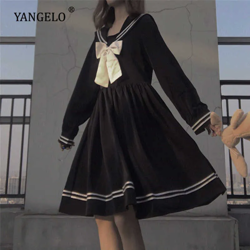 Casual klänningar kvinnor bow lapptäcke lösa a-line mode knäslängd söt imperium preppy stil ins seglare krage japansk all-match svart y2302
