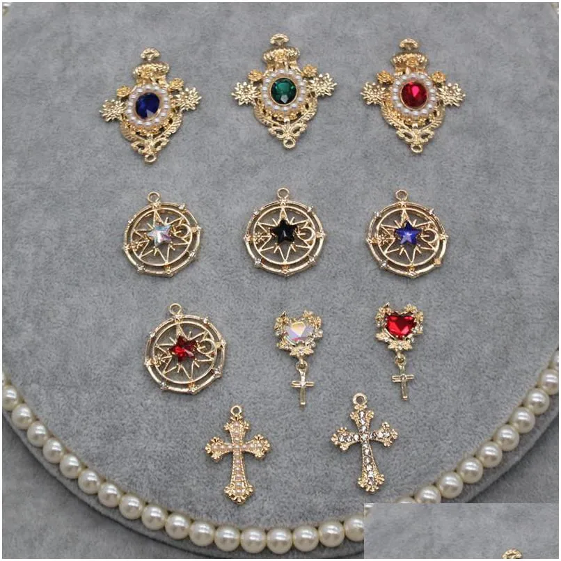 Charms Boucles d'oreilles faites à la main Matériel Croix Strass Disque Rouge Hearthexagone en forme de perles incrustées Boucle Accessoires Magic Drop Del Dhiwz