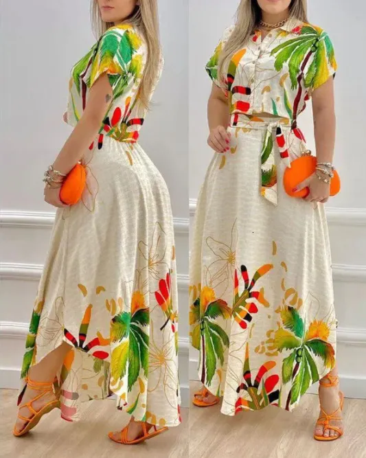 Two Piece Dress Tropical Print Skirt Suit Woman Summer Fashion Bohemian Style Casual Elegant Button Down Crop Top Set Clothes 230209