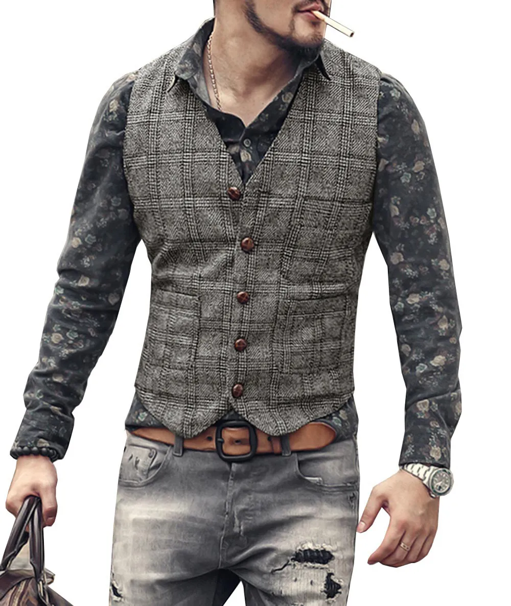 Herren Westen Anzug Männer Braun Schwarz Weste Weste Mann Plaid Steampunk Jacke Gestreift Tweed V hals Slim Fit Gilet Hochzeit_voghion.com