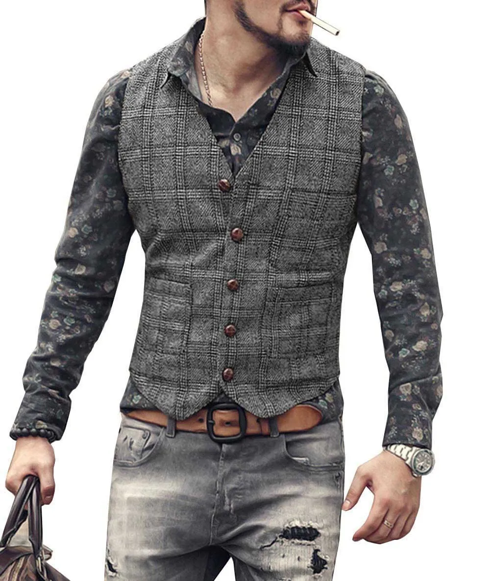 Herren Westen Anzug Männer Braun Schwarz Weste Weste Mann Plaid Steampunk Jacke Gestreift Tweed V hals Slim Fit Gilet Hochzeit_voghion.com
