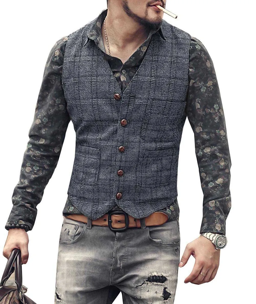 Herren Westen Anzug Männer Braun Schwarz Weste Weste Mann Plaid Steampunk Jacke Gestreift Tweed V hals Slim Fit Gilet Hochzeit_voghion.com
