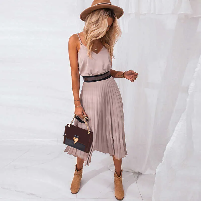 Casual Dresses 2022 Sexiga kvinnor Summer Spaghetti Strap V-ringen Pink Female Pleated Midi Office Ladies Party Y2302