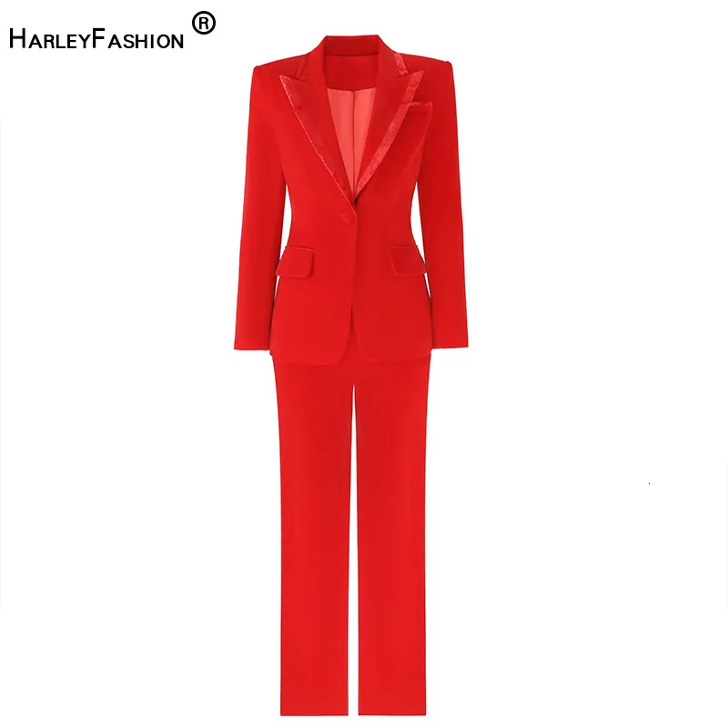 Kvinnor Tvåbitar byxor HarleyFashion Women Red Velvet Track Suit Quality Blazer och för Lady Office 2 Pieces Set Luxury Design 230209