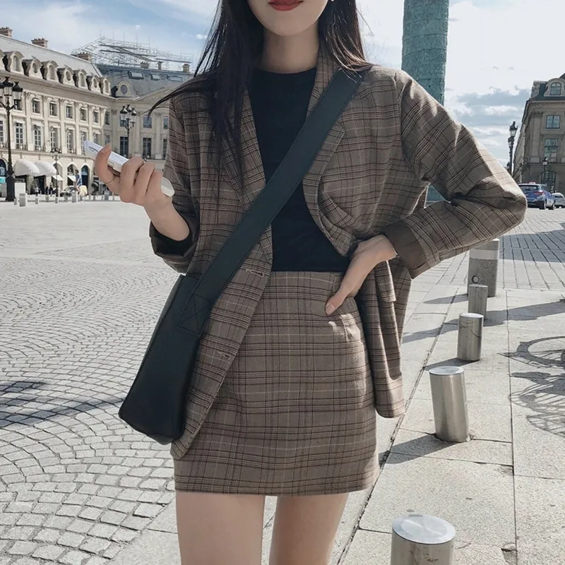 Tvådelad klänning Comelsexy Plaid Print notched blazer kostym hög midja blyerts kjol set vintage höst casual koreansk kontor lady outfit 230209