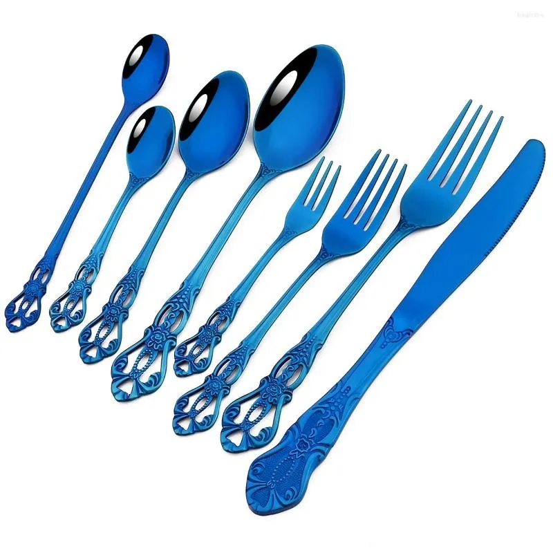 Ensembles de vaisselle bleu 8 pièces ensemble couteau fourchette à dessert cuillères à long manche cuillère couverts en acier inoxydable vaisselle de cuisine couverts