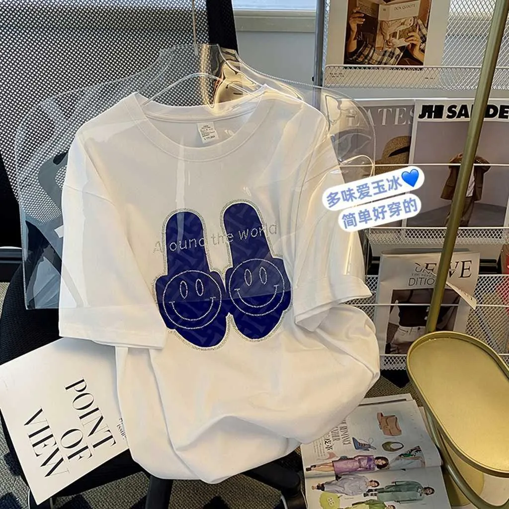 Koszulka damska Szybka cekiny z koralikami gorące wiercenie T-shirt z krótkim rękawem bawełniany swobodny kreskówka 2022 NOWA wersja koreańska luźne kobiety Y2302