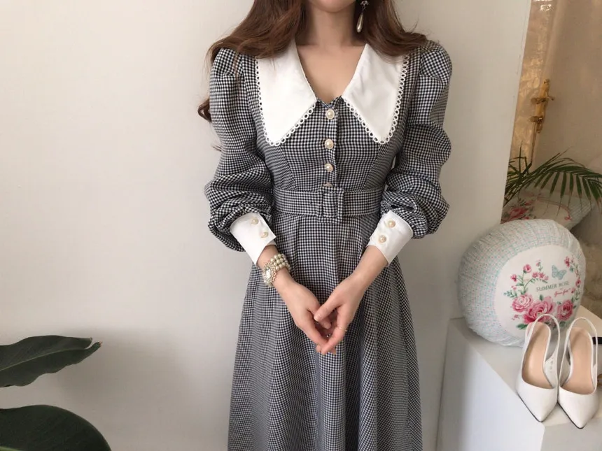 Women's black white plaid turn down collar puff long sleeve with belt midi long casual dress SML