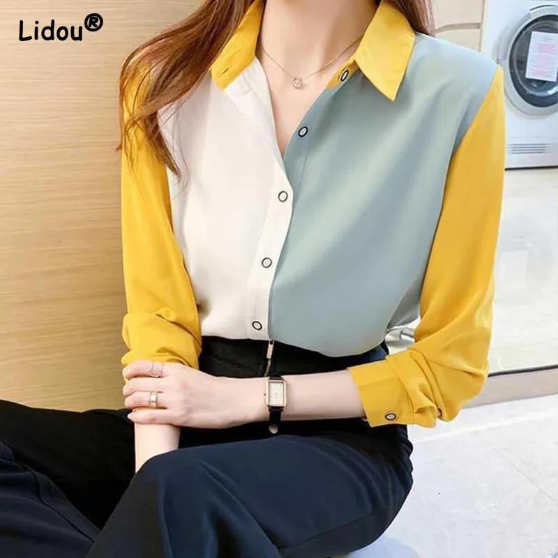 Blusas femininas camisas do escritório Lady Lady Color Solic Blots Button Gollar para baixo Camisetas soltas Tops Mulheres Spring Autumn Grace Clothing 230209