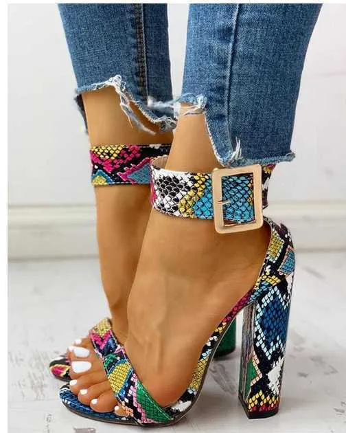 Sandals 2022 Summer Women Shoes Snakeskin Ankle Buckled Sandals Chunky Heeled Sandals Open Toe Leopard Party Shoes T230208