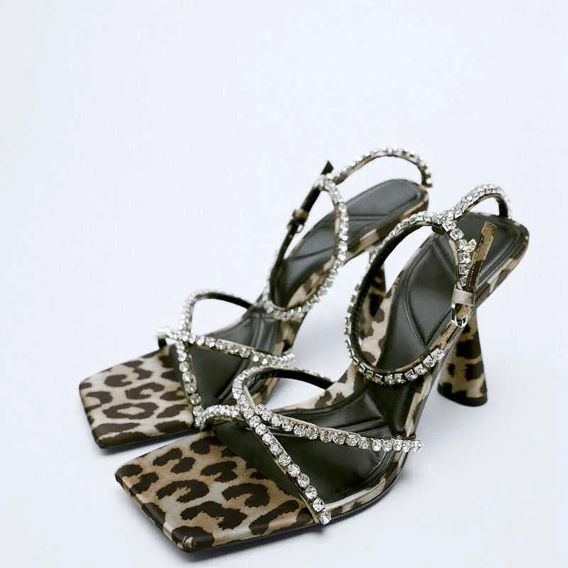 Sandale Fashion Brand d'été Nouveau cristal suojialun femme mince talon haut talon sexy léopard carré orteil dames sandales robes chaussures t230208 159 s