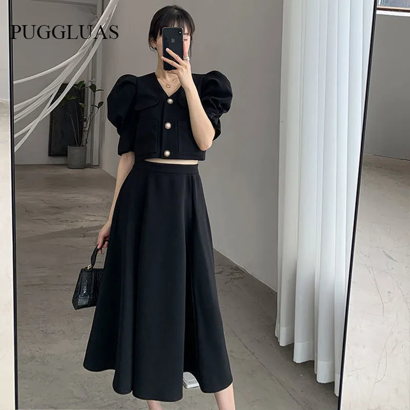 Two Piece Dress Summer Elegant Black Sets Retro Womens Outifits Puff Sleeve Crop TopA Line Skirts Korean Fashion Hepburn Suit 230209