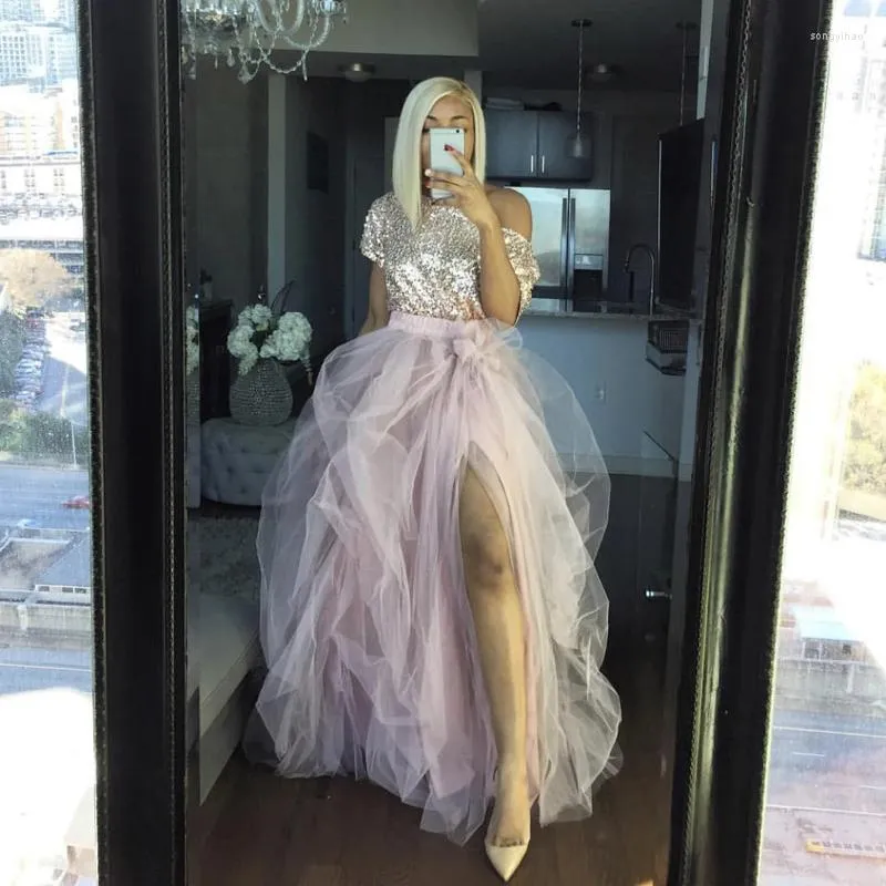 Skirts Light Baby Pink Tulle Skirt 2023 Ball Gown Draped Slit Women's Floor Length Casual Fashion Femme Jupes