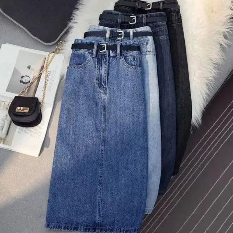 Kjolar kvinnors casual jean kjol hög midja bak vent mitten längd denim kvinnor m-3xl vintage bodycon med fickor c234