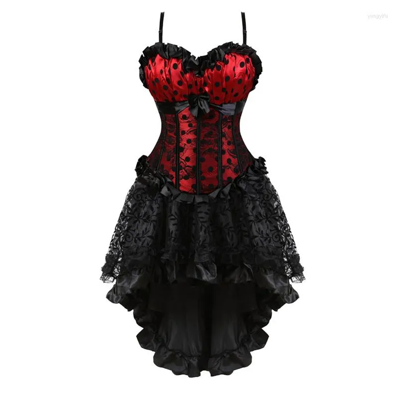 Bustiers Korse Kadın Gotik Çiçek Dantel Up Corset Elbise Showgirl Clubwear Lingerie Kostüm Burlesque Vintage ve Etek Seti