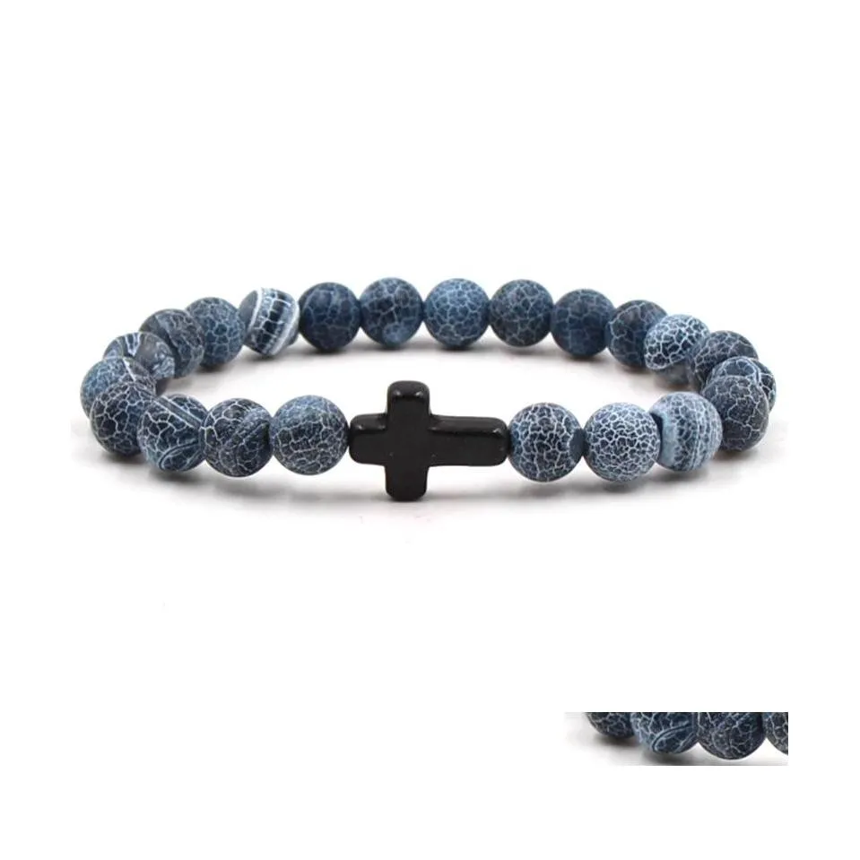 Beaded Strands Cross Bracelet Yoga Chakra Weathered Agate Stone Bead Drop Delivery Jewelry Bracelets Dh13Y