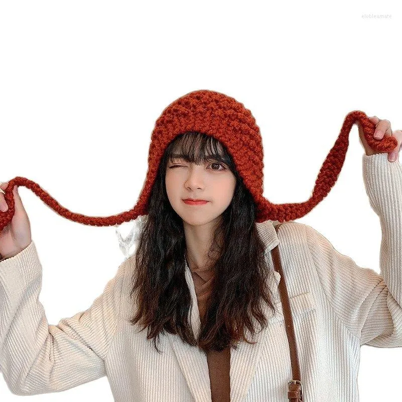 Berets Women Cute Cartoon Tails Ear Protection Hats Winter Handmade Warm Beanie Cap Bomber Earflap Knitted Crochet Hat