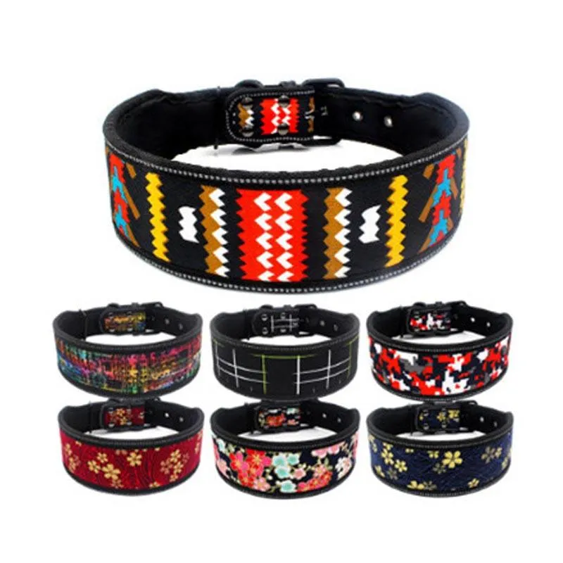 Dog Collars & Leashes Widening Reflective Collar Waterproof Adjustable Pet Flower Stripe Personalized Necklace Neoprene Cloth Stuff