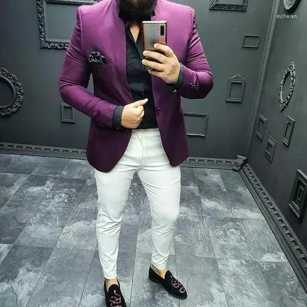 Męskie garnitury fioletowe męskie z białym spodnim jednym przyciskiem Slim Fit 2 sztuki (spodnie z kurtką smokingową) ślubne Tuxedos Cuit Blazer