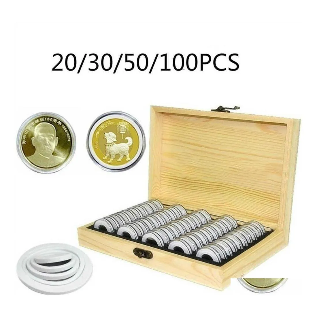 Storage Baskets Pine Wood Coin Holder Coins Ring Wooden Box 20/30/50/100Pcs Capses Accommodate Collectible Commemorative Drop Delive Dhcfo