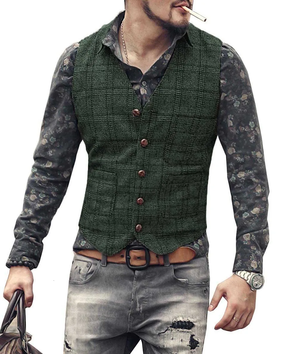 Herren Westen Anzug Männer Braun Schwarz Weste Weste Mann Plaid Steampunk Jacke Gestreift Tweed V hals Slim Fit Gilet Hochzeit_voghion.com
