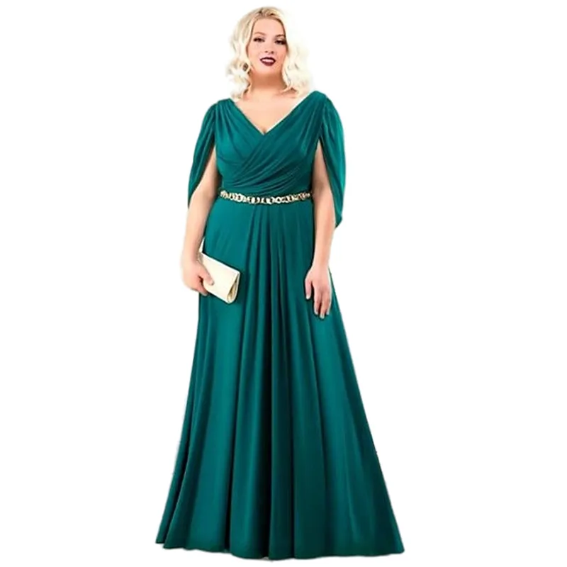Green V-Neck A-Line motherof the bride dresses - Plus Size, Floor Length, Short Sleeves, Satin Fabric - Perfect for Wedding Party, Prom, and Evening Green V-Neck A-Line motherof the bride dresses - Plus Size, Floor Length, Short Sleeves, Satin Fabric - Perfect for Wedding Party, Prom, and Evening