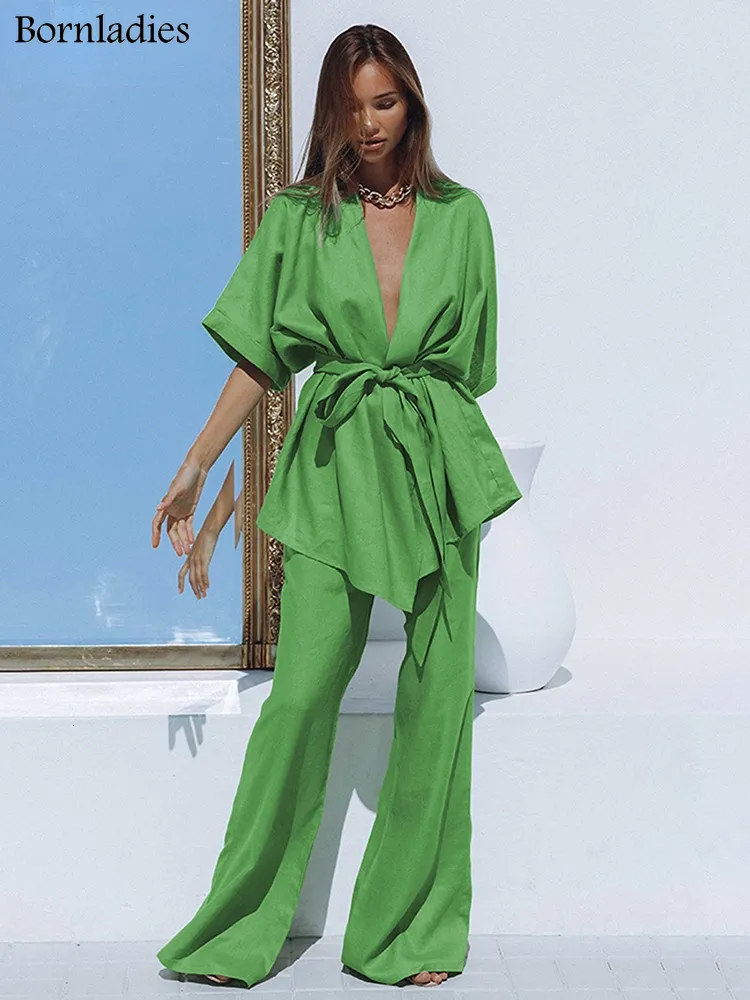 Kvinnors tvåbitar byxor BornLadies Green Cotton Semesterbyxor Suits Casual 2 Pieces Half Hleeves Wrap Shirts and Wide Leg Summer Outfits 230209