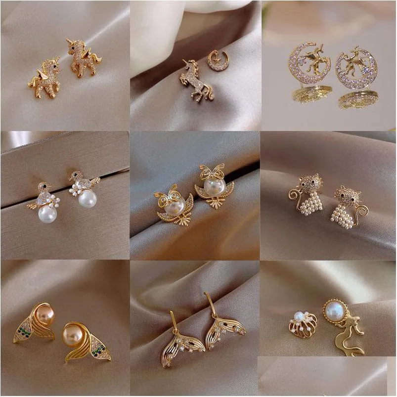 Stud Aleación de alta calidad Fl Diamond Pony Wings Pendientes Ear Cute Owl Bird Pearl Pendiente para mujeres Drop Delivery 202 Dhdwq