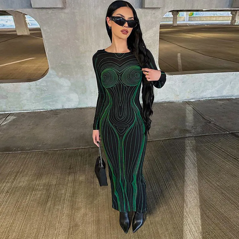 Damen-Partykleider, europäisches und amerikanisches bedrucktes, rückenfreies, schlankes, langärmliges Kleid mit Rundhalsausschnitt, grünes, bedrucktes Kleid mit 3D-Effekt