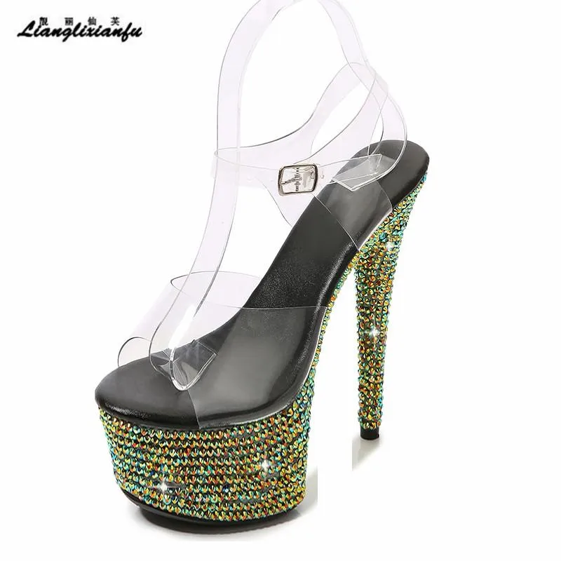 Sandals Summer PVC Stripers Stiletto 13cm 15cm 17cm 20cm الكعب الرفيع الكعك Rhinestone مضخات الزفاف