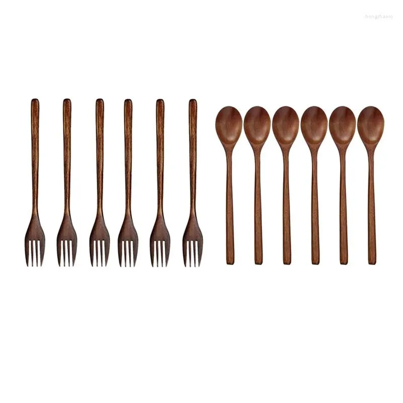 Ensembles de vaisselle 12 pièces, vaisselle: 5 fourchettes en bois, fourchette à salade en bois japonaise écologique, 6 cuillères à soupe