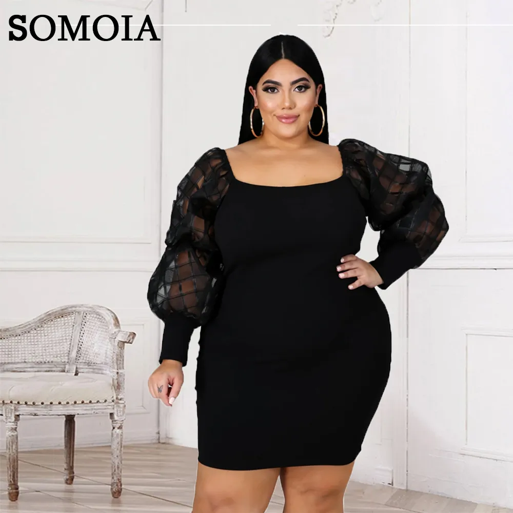 Robes grande taille Robe femme grande taille 2XL-6XL Sexy Mini robes moulantes manches en dentelle Vêtements pour femmes élégantes Col carré Mode Streetwear 230209