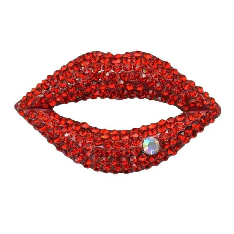 Brosches stift doluo strass röd läpp brosch högkvalitativ kristallrackar bana läppar för dam eller flickor smycken gåva