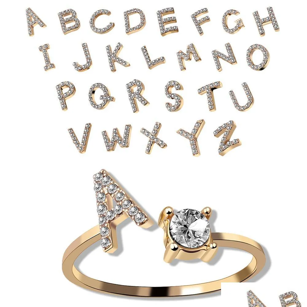 Solitaire Ring Gold Color English Letters Crystal Initial Rings Adjustalbe Engagement Wedding Women Fashion Jewelry Drop Deliver Dhogr