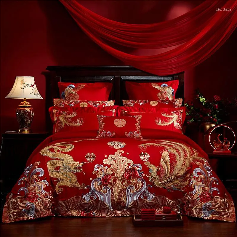 Bedding Sets 100S Egyptian Cotton Set Luxury Chinese Wedding Loong Phoenix Embroidery Red Duvet Cover Bed Sheet Linen Pillowcase