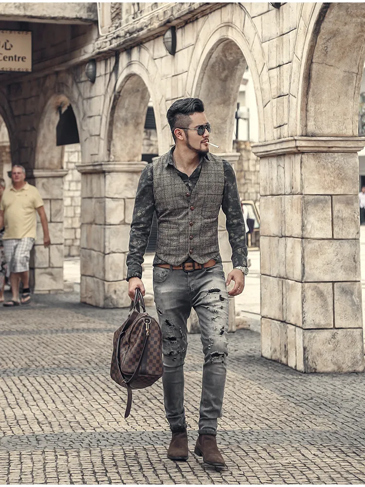 Erkek Yelek Takım Elbise Erkek Kahverengi Siyah Yelek Yelek Erkek Ekose Steampunk Ceket Çizgili Tweed V Yaka Slim Fit Yelek Düğün_voghion.com