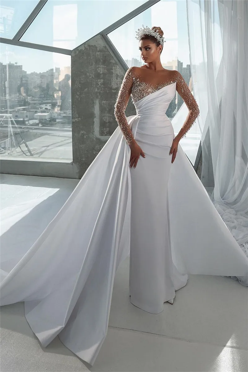 Abito da sposa a sirena greca di lusso 2023 Manica lunga Collo trasparente Cristallo Dubai Raso bianco Boho Abiti da sposa Elegante Abito da sposa Abiti da sposa Appliques Sposa