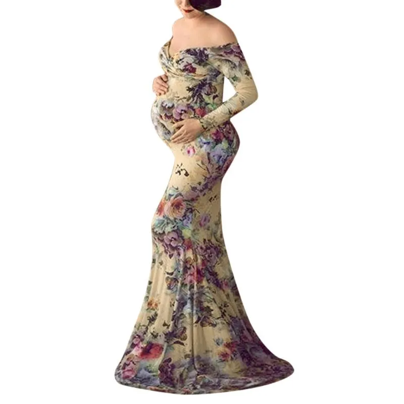 Moderskapsklänningar kvinnors gravida långärmad klänning med en axel och bakre svanstryck