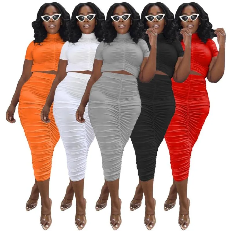 Work Dresses Women Basic 2 Pieces Outfits Crew Neck Pleated Front Short Sleeve Tops High Waist Elastic Skinny Folds A-Line Long DressWork